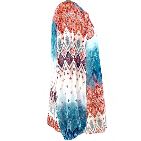 BCBGMaxAzria size S orange blue & ivory BOHO tie front long puffed sleeve blouse - Picture 2 of 15